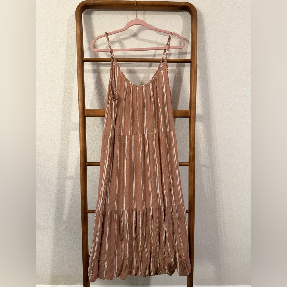 LOFT Tan and White Striped Midi Dress